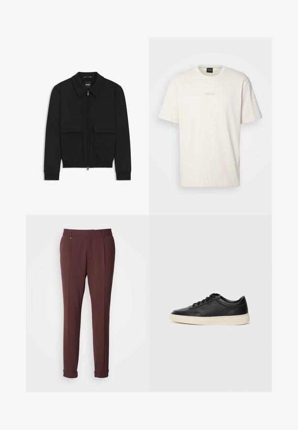 Black bomber jacket with a collared neck, zip front, and two large flap pockets. Features ribbed cuffs and hem, made of textured fabric.; BOSS TEE - Basic T-shirt - open white; Burgundy tailored trousers with a smooth texture, featuring belt loops, front pleats, and rolled hems for a fitted look.; Black low-top leather sneaker with black laces and off-white sole shown in side profile on white background.