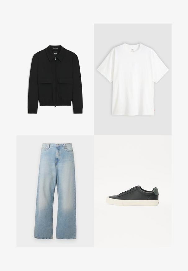 Veste bomber noire avec col, fermeture éclair à l'avant et deux grandes poches à rabat. Dotée de poignets et d'un bas côtelés, fabriquée en tissu texturé.; T-shirt blanc à manches courtes en coton avec col rond. Présente un détail de logo en relief discret à l'avant et une étiquette rouge à l'ourlet.; Jeans larges bleu clair en denim, dotés d'une taille haute, de poches avant et d'un délavage avec un léger usure au niveau des cuisses.; Sneaker en cuir noir avec une finition texturée, semelle en caoutchouc blanche, bout rond et accent vert au talon. Design à lacets avec six œillets.