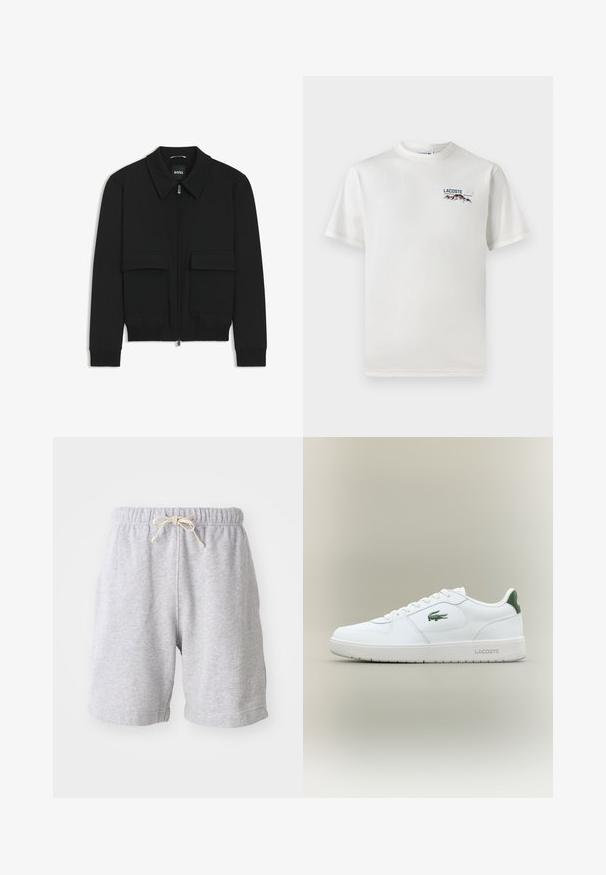 Giacca bomber nera con colletto, chiusura a zip frontale e due grandi tasche con patta. Presenta polsini e orlo a costine, realizzata in tessuto testurizzato.; T-shirt bianco in cotone con scollatura rotonda, maniche corte e un piccolo logo ricamato che raffigura montagne e testo sul lato sinistro del petto.; Pantaloni corti in cotone grigi con vita elastica e coulisse. Lunghezza fino a metà coscia, con cuciture laterali e texture morbida. Senza tasche o motivi visibili.; Sneaker bianco in pelle con una finitura liscia, dettagli verdi sul tallone e un logo verde sul lato. Presenta una suola piatta e una punta rotonda.