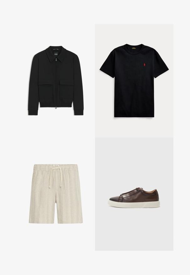 Giacca bomber nera con colletto, chiusura a zip frontale e due grandi tasche con patta. Presenta polsini e orlo a costine, realizzata in tessuto testurizzato.; T-shirt nera in cotone con maniche corte, collo rotondo e piccolo logo ricamato rosso sul lato sinistro del petto. Texture morbida, design casual.; Solid SDLIAM LINEN MIX - Shorts - vetiver; Sneaker in pelle marrone con punta arrotondata, suola in gomma bianca a contrasto, dettagli cuciti e nessun lace visibile. Texture complessiva liscia.