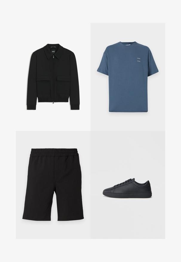 Black bomber jacket with a collared neck, zip front, and two large flap pockets. Features ribbed cuffs and hem, made of textured fabric.; Blue cotton t-shirt with a classic crew neck, short sleeves, relaxed fit, and two small printed logos on the chest. Smooth texture.; Black shorts made of comfortable fabric with an elastic waistband. Simple design, straight cut, suitable for casual wear.; Black sneakers made of smooth leather with a low-top design, round toe, and flat rubber sole. Features laces and subtle branding.