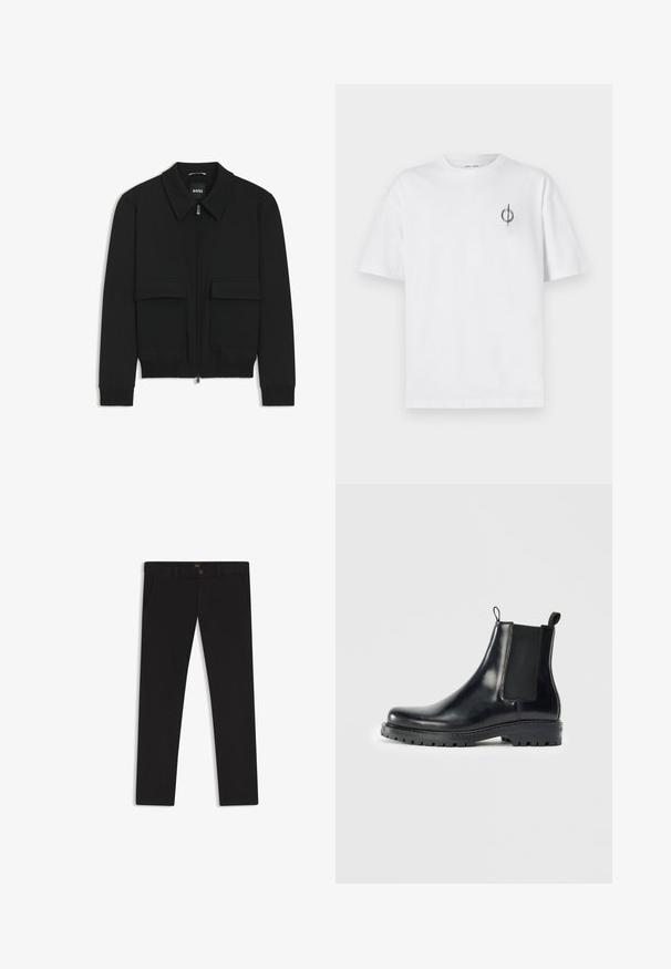 Zwarte bomberjack met een kraag, rits aan de voorkant en twee grote klepzakken. Heeft geribde manchetten en onderrand, gemaakt van textuurstof.; Witte katoenen t-shirt met een ontspannen pasvorm, voorzien van een klein zwart graphic logo op de linkerkant van de borst. Korte mouwen, ronde hals.; Zwarte broek van stof met een gladde textuur. Bevat een knoopsluiting, riemlussen en zijzakken. Standaard straight-leg ontwerp.; Zwarte leren Chelsea laarzen met elastische zijpanelen, een lus voor gemakkelijke aan- en uittrekken, en een robuuste rubberen zool met een gestructureerde grip.