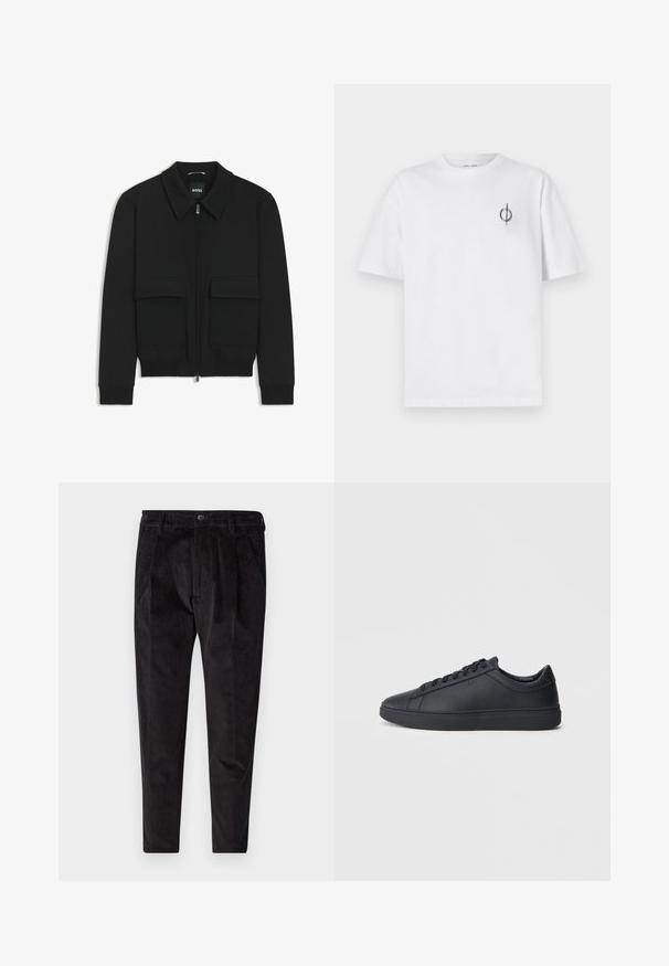 Black bomber jacket with a collared neck, zip front, and two large flap pockets. Features ribbed cuffs and hem, made of textured fabric.; White cotton t-shirt with a relaxed fit, featuring a small black graphic logo on the left chest area. Short sleeves, crew neck style.; Black corduroy trousers with a textured finish, featuring a straight leg, pleated front, and elastic waistband for comfort.; Black sneakers made of smooth leather with a low-top design, round toe, and flat rubber sole. Features laces and subtle branding.