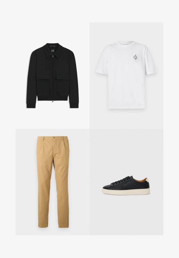 Zwarte bomberjack met een kraag, rits aan de voorkant en twee grote klepzakken. Heeft geribde manchetten en onderrand, gemaakt van textuurstof.; Witte katoenen t-shirt met een ontspannen pasvorm, voorzien van een klein zwart graphic logo op de linkerkant van de borst. Korte mouwen, ronde hals.; Beige katoenen broek met een recht gesneden ontwerp, voorzien van een ritssluiting en knoopsluiting, en zakken aan de voor- en achterkant.; Zwarte leren sneakers met een gladde textuur, beige rubberen zool, vetersluiting en een contrasterende hielaccent.