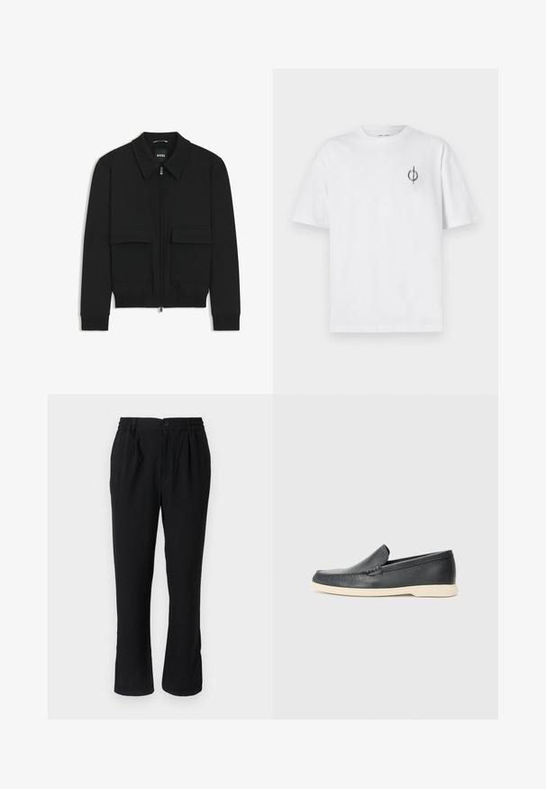 Black bomber jacket with a collared neck, zip front, and two large flap pockets. Features ribbed cuffs and hem, made of textured fabric.; White cotton t-shirt with a relaxed fit, featuring a small black graphic logo on the left chest area. Short sleeves, crew neck style.; Black, lightweight trousers with an elastic waistband and button closure, featuring a straight leg cut and minimalistic design.; Black leather slip-on loafers with a textured finish and a contrasting beige rubber sole. Features a subtle accent along the front.