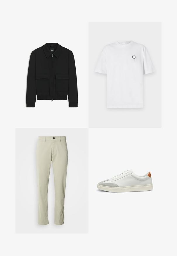 Svart bomberjacka med krage, dragkedja framtill och två stora klafffickor. Har ribbade mudd och nederkant, tillverkad av strukturerad tyg.; Vit bomullströja med avslappnad passform, med en liten svart grafisk logotyp på vänster bröstområde. Korta ärmar, rundad hals.; Beige bomullschinos med rak passform, dragkedjegylf och enkel knappstängning. Har bälteshällor och en slät yta.; Vita lädersneakers med grå mockadetaljer och en tab i brunt läder på hälen. Har en strukturerad yta och en lätt sula.