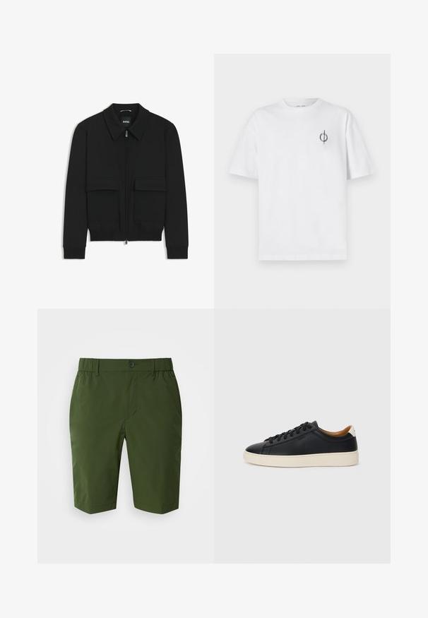 Black bomber jacket with a collared neck, zip front, and two large flap pockets. Features ribbed cuffs and hem, made of textured fabric.; White cotton t-shirt with a relaxed fit, featuring a small black graphic logo on the left chest area. Short sleeves, crew neck style.; Dark green shorts with an elastic waistband and a single button closure. Smooth, lightweight fabric, featuring two side pockets and a tailored fit.; Black leather sneakers with a smooth texture, beige rubber sole, lace-up design, and a contrasting heel accent.