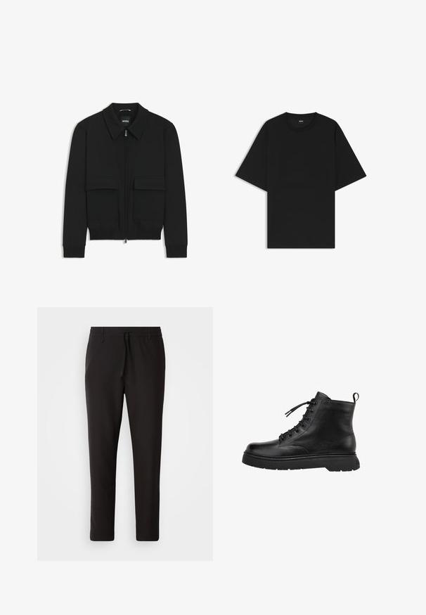 Giacca bomber nera con colletto, chiusura a zip frontale e due grandi tasche con patta. Presenta polsini e orlo a costine, realizzata in tessuto testurizzato.; Maglietta nera a maniche corte con scollo rotondo, dalla vestibilità rilassata e un piccolo etichetta "BOSS" all'interno del colletto.; Pantaloni jogger neri realizzati in tessuto liscio. Presentano una vita elasticizzata con stringa, gambe affusolate e senza tasche visibili. Design semplice.; Stivale alla caviglia in pelle nera con una finitura liscia, punta rotonda e stringhe frontali. Presenta una suola in gomma spessa e un'applicazione sul retro per agevolare la calzata.