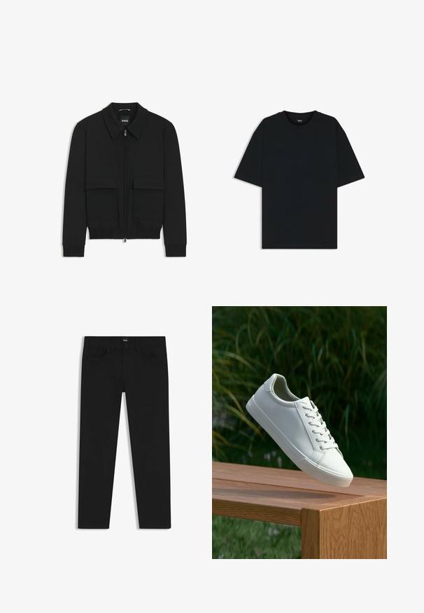 Black bomber jacket with a collared neck, zip front, and two large flap pockets. Features ribbed cuffs and hem, made of textured fabric.; Black cotton t-shirt with a round neckline and short sleeves. Features a loose fit and a simple design without patterns or accents.; Black denim trousers with a straight cut, featuring a standard waistband, five pockets, and a button closure. Smooth texture throughout.; White lace-up sneaker hovering above wooden bench with green foliage in the background, showcasing shoe design and texture.