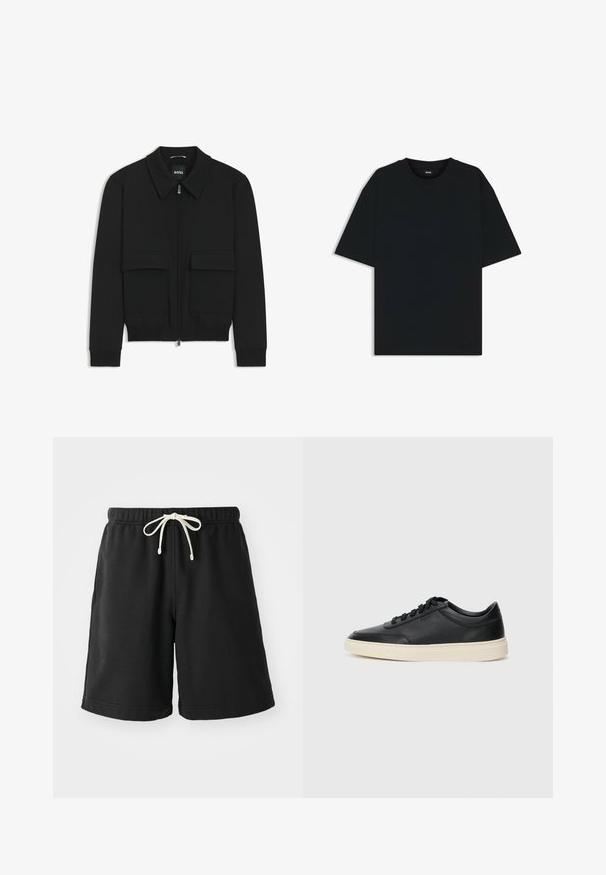 Giacca bomber nera con colletto, chiusura a zip frontale e due grandi tasche con patta. Presenta polsini e orlo a costine, realizzata in tessuto testurizzato.; Maglietta in cotone nera con scollatura rotonda e maniche corte. Presenta una vestibilità ampia e un design semplice senza motivi o dettagli.; Pantaloni corti neri in pile, realizzati in un materiale morbido, dotati di una vita elasticizzata con un cordino color crema e tasche laterali.; Sneaker in pelle nera a basso profilo con lacci neri e suola avorio, mostrato di profilo su sfondo bianco.