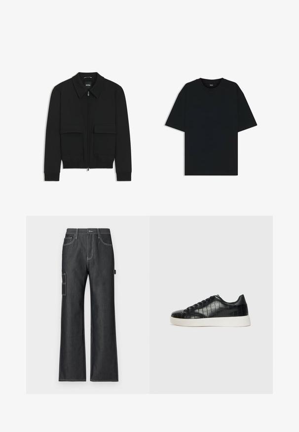 Black bomber jacket with a collared neck, zip front, and two large flap pockets. Features ribbed cuffs and hem, made of textured fabric.; Black cotton t-shirt with a round neckline and short sleeves. Features a loose fit and a simple design without patterns or accents.; Dark denim cargo pants with a wide leg design, contrasting white stitching, side pockets, and a patch pocket on the left leg.; Black sneakers featuring a textured croc-embossed leather upper, rounded toe, and a contrasting white rubber sole with a smooth finish.