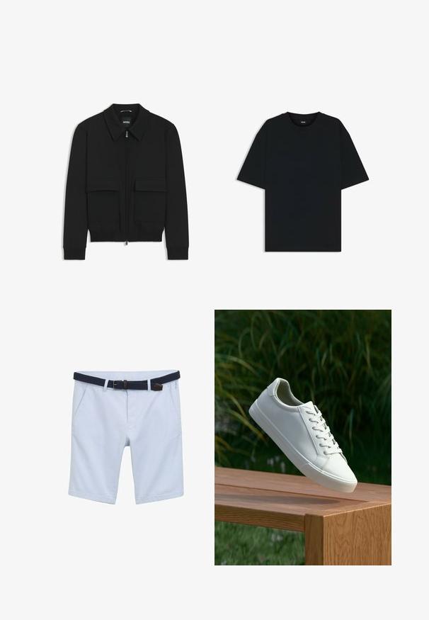Schwarze Bikerjacke mit Kragen, Reißverschluss vorne und zwei großen Taschen mit Klappen. Mit Rippstrickbündchen und Saum, aus strukturiertem Stoff gefertigt.; Schwarzes Baumwoll-T-Shirt mit rundem Halsausschnitt und kurzen Ärmeln. Verfügt über einen lockeren Schnitt und ein schlichtes Design ohne Muster oder Akzente.; TOM TAILOR STRETCH MIT GÜRTEL - Shorts - light blue white zigzag dobby; Weiße Schnürsneaker, die über einer Holzbank mit grünem Laub im Hintergrund schweben und das Schuhdesign sowie die Textur zeigen.