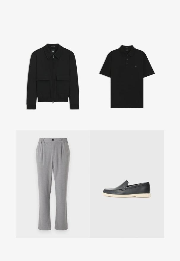 Black bomber jacket with a collared neck, zip front, and two large flap pockets. Features ribbed cuffs and hem, made of textured fabric.; Black short-sleeve polo shirt made from smooth fabric with a classic collar, three-button placket, and subtle logo embroidery on the chest.; Gray trousers with a textured fabric, featuring a button closure and elasticized waist. Straight-leg design with side folds.; Black leather slip-on loafers with a textured finish and a contrasting beige rubber sole. Features a subtle accent along the front.