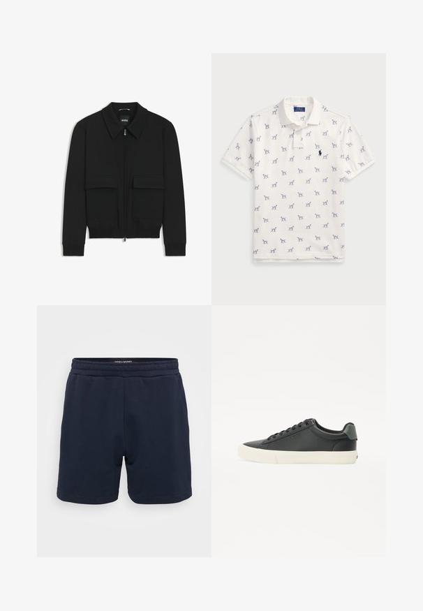 Chaqueta bomber negra con cuello tipo camisa, cierre frontal de cremallera y dos grandes bolsillos con solapa. Presenta puños ribeteados y dobladillo, confeccionada en tela texturizada.; Camisa polo blanca de algodón, con un patrón repetido de perros azules y un pequeño logo azul en el pecho. Mangas cortas y color.; Pantalones cortos de algodón color azul marino con cintura elástica, que cuentan con una textura suave y dobladillos cosidos. Pequeño logotipo de la marca en el lateral.; Zapatilla negra de cuero con acabado texturizado, suela de goma blanca, puntera redonda y detalle verde en el talón. Diseño de cordones con seis ojales.