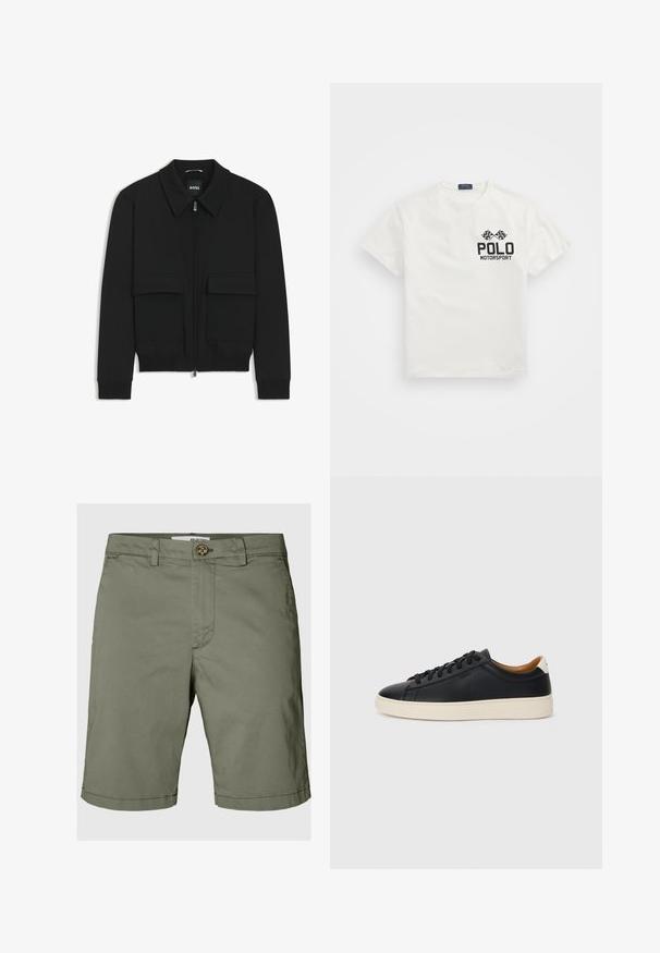 Zwarte bomberjack met een kraag, rits aan de voorkant en twee grote klepzakken. Heeft geribde manchetten en onderrand, gemaakt van textuurstof.; Witte katoenen T-shirt met een ronde hals, voorzien van een zwart "Polo Motorsport" logo en gekruiste geblokte vlaggen op de linkerborst.; Olijfgroene shorts van katoen, met een knoopsluiting, riemlussen en een rechte pasvorm met omgevouwen zoomdetails.; Zwarte leren sneakers met een gladde textuur, beige rubberen zool, vetersluiting en een contrasterende hielaccent.
