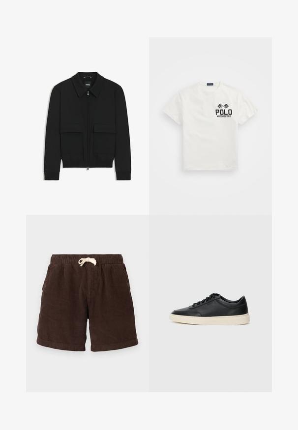 Giacca bomber nera con colletto, chiusura a zip frontale e due grandi tasche con patta. Presenta polsini e orlo a costine, realizzata in tessuto testurizzato.; T-shirt bianca in cotone con colletto rotondo, con logo nero "Polo Motorsport" e bandiere a scacchi incrociate sul lato sinistro del petto.; Shorts in velluto a coste marrone con vita elastica, chiusura con cordino e tasche laterali. Il tessuto presenta rigature verticali e una finitura testurizzata.; Sneaker in pelle nera a basso profilo con lacci neri e suola avorio, mostrato di profilo su sfondo bianco.