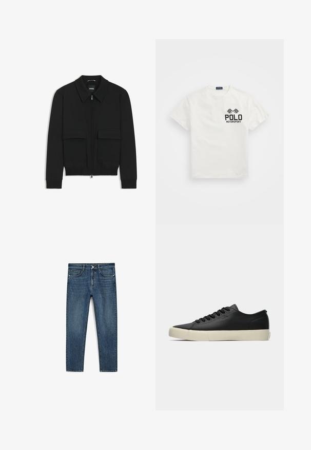 Sort bomberjakke med krave, lynlås foran og to store klaplommer. Har ribbede manchetter og bund, lavet af struktureret stof.; Hvid bomulds T-shirt med rund hals, med et sort "Polo Motorsport" logo og krydsede ternede flag på venstre bryst.; Blå denimjeans med lige ben-design, der har frontlommer og lynlås. Stoffet har en medium vask med subtil falmning.; Lave sorte lædersneaker med sorte snøre og off-white gummisål, sideprofil der viser subtil "BOSS" branding.