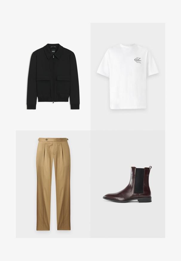 Black bomber jacket with a collared neck, zip front, and two large flap pockets. Features ribbed cuffs and hem, made of textured fabric.; White cotton t-shirt with short sleeves, crew neck, featuring a black CK logo on the left chest area, standard fit, smooth texture.; Beige trousers with a straight fit, featuring pleats, a button closure, and belt loops. Smooth fabric with a clean, tailored look.; Brown leather Chelsea boot with elastic side panels, pointed toe, and a smooth texture. Black base and subtle stitching detail.