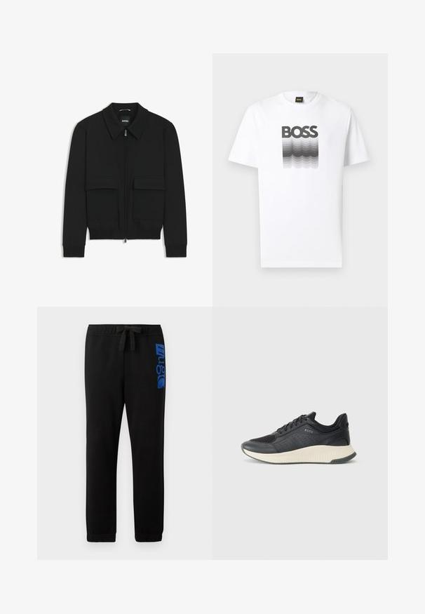 Black bomber jacket with a collared neck, zip front, and two large flap pockets. Features ribbed cuffs and hem, made of textured fabric.; White short-sleeve t-shirt with black and gray gradient wave design and bold "BOSS" text centered on the chest.; Black sweatpants made of cotton blend, featuring an elastic waistband with a drawstring and a blue logo printed on the left leg.; Black athletic sneaker featuring a mesh upper with perforations, a textured midsole in cream, and a rubber outsole for traction.