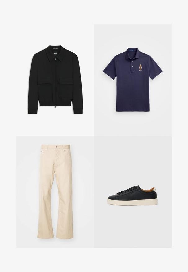Black bomber jacket with a collared neck, zip front, and two large flap pockets. Features ribbed cuffs and hem, made of textured fabric.; Polo Ralph Lauren CUSTOM SLIM POLO BEAR MESH POLO SHIRT - Polo shirt - faded blue bear; Beige trousers made of cotton, featuring a straight leg design, two front pockets, belt loops, and a metal button closure.; Black leather sneakers with a smooth texture, beige rubber sole, lace-up design, and a contrasting heel accent.