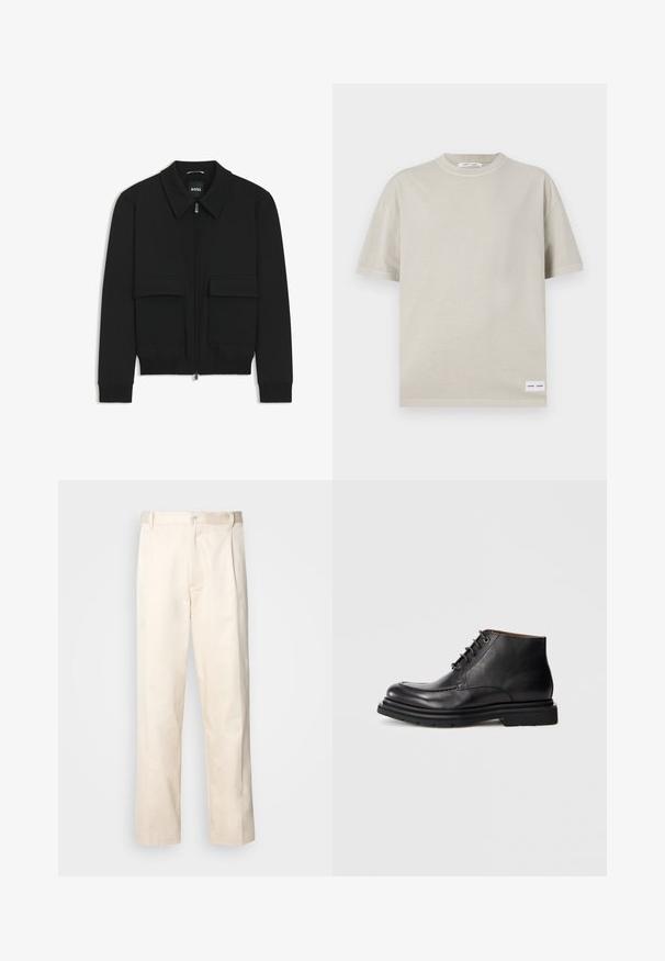 Black bomber jacket with a collared neck, zip front, and two large flap pockets. Features ribbed cuffs and hem, made of textured fabric.; Light beige short-sleeve t-shirt made from soft fabric, featuring a round neckline and a small label at the bottom left.; Beige cotton trousers with a straight-leg cut, featuring a button closure and pleats at the front for added detail.; Black leather ankle boot with lace-up closure, rounded toe, and thick rubber sole against a plain white background.