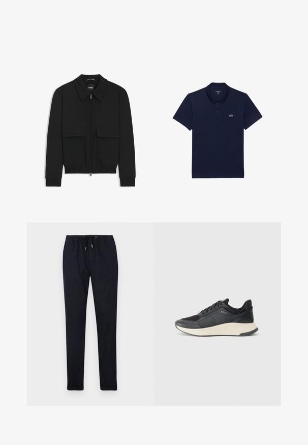 Giacca bomber nera con colletto, chiusura a zip frontale e due grandi tasche con patta. Presenta polsini e orlo a costine, realizzata in tessuto testurizzato.; Polo shirt blu navy in cotone; presenta un colletto classico, maniche corte e un piccolo logo ricamato bianco sul lato sinistro del petto.; Pantaloni jogger blu scuro con vita elastica, cordino, gambe affusolate e una texture liscia. Dotati di tasche laterali e cuciture sottili.; Sneaker atletica nera con tomaia in rete e perforazioni, un intersuola testurizzata in crema e una suola in gomma per una buona trazione.