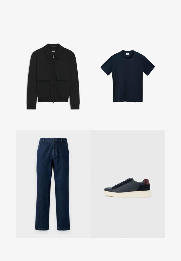 Black bomber jacket with a collared neck, zip front, and two large flap pockets. Features ribbed cuffs and hem, made of textured fabric.; Navy blue short-sleeve t-shirt made from soft cotton, featuring a round neckline and clean, straight-cut hem with no visible patterns.; Dark blue denim jeans with a straight-leg design, button closure, and belt loops. The fabric has a subtle texture and classic stitching details.; Low-top men's sneaker in black leather and suede with maroon heel tab and white rubber sole, viewed from the outer side.