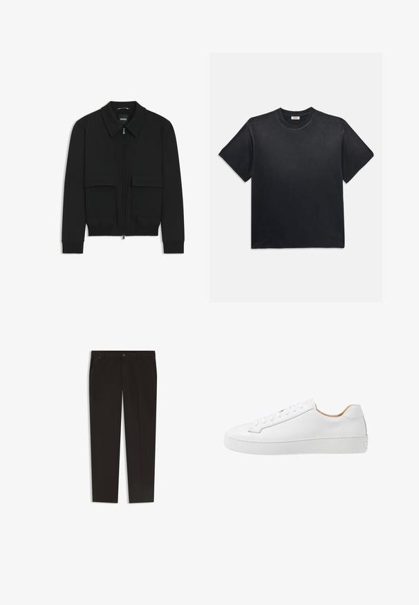 Schwarze Bikerjacke mit Kragen, Reißverschluss vorne und zwei großen Taschen mit Klappen. Mit Rippstrickbündchen und Saum, aus strukturiertem Stoff gefertigt.; Schwarzes Baumwoll-T-Shirt mit rundem Ausschnitt und kurzen Ärmeln. Verfügt über eine lockere Passform, eine glatte Textur und ein minimalistisches Design.; Schwarze Hose mit geradem Bein, aus einem glatten Stoff. Mit Knopfverschluss und Fronttaschen. Keine sichtbaren Muster oder Akzente.; Weiße Ledersneaker mit glatter Oberfläche, abgerundeter Zehenpartie, flachem Schnürdesign und einer dicken Gummisohle mit strukturiertem Grip-Muster.