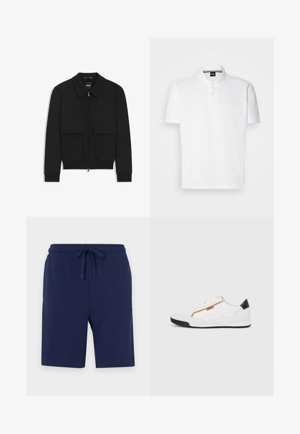 Zwarte bomberjack met een kraag, rits aan de voorkant en twee grote klepzakken. Heeft geribde manchetten en onderrand, gemaakt van textuurstof.; Witte polo shirt gemaakt van een katoen-polyester combinatie, met een kraag, twee-knoop sluiting en een subtiele geborduurde logo op de borst.; Navyblauwe shorts van een zachte katoenmix, met een elastische tailleband met trekkoord en zijzakken.; Witte sportieve schoenen met gaas- en lederen accenten. Voorzien van een gouden "BOSS" logo, gestructureerde zijpanelen en een zwarte hakkap. Rubberen zool.