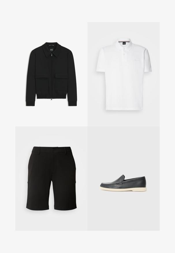 Schwarze Bikerjacke mit Kragen, Reißverschluss vorne und zwei großen Taschen mit Klappen. Mit Rippstrickbündchen und Saum, aus strukturiertem Stoff gefertigt.; Weißes Poloshirt aus einer Baumwoll-Polyester-Mischung, mit Kragen, zwei Knopf-Leiste und dezentem gesticktem Logo auf der Brust.; Schwarze Shorts aus weichem Stoff mit einem maßgeschneiderten Design, das über einen vorderen Knopfverschluss und zwei seitliche Taschen verfügt. Der Saum ist leicht umgeschlagen.; Schwarze Leder-Slipper mit strukturiertem Finish und einer kontrastierenden beige Gummisohle. Mit einem dezenten Akzent an der Vorderseite.
