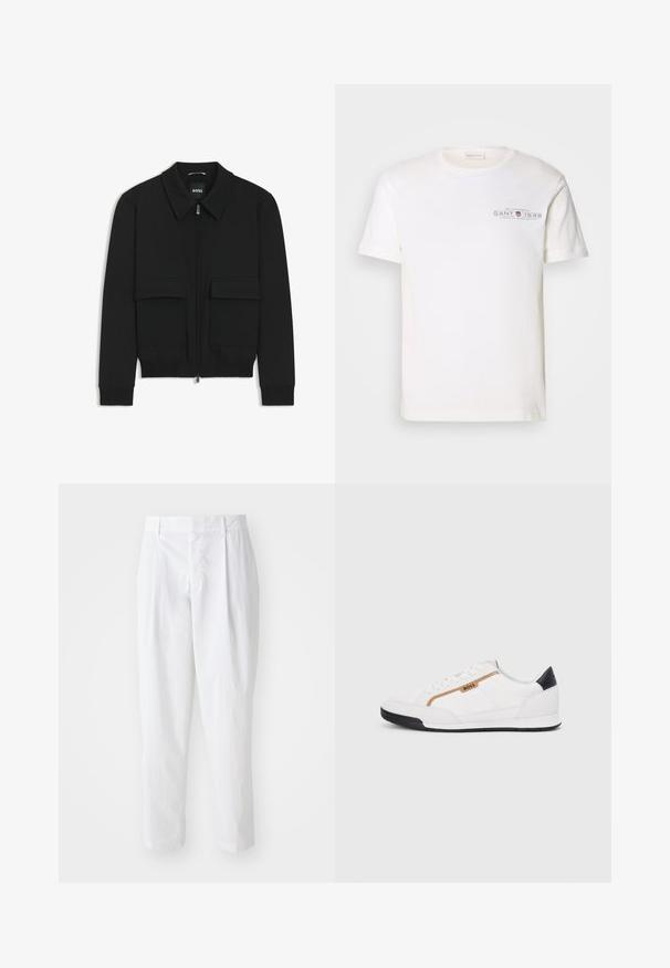 Black bomber jacket with a collared neck, zip front, and two large flap pockets. Features ribbed cuffs and hem, made of textured fabric.; White cotton t-shirt with a crew neck, short sleeves, and a printed logo. Features minimalist design and relaxed fit.; White pleated trousers with a high waist and cropped length, featuring a smooth texture and clean lines. No visible hardware or patterns.; White athletic shoes with mesh and leather accents. Features a gold "BOSS" logo, textured side panels, and a black heel cap. Rubber sole.