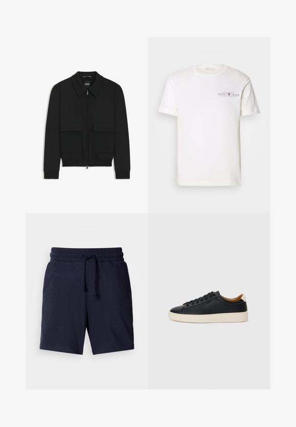 Black bomber jacket with a collared neck, zip front, and two large flap pockets. Features ribbed cuffs and hem, made of textured fabric.; White cotton t-shirt with a crew neck, short sleeves, and a printed logo. Features minimalist design and relaxed fit.; Navy blue shorts with a relaxed fit, elastic waistband, and adjustable drawstring. Lightweight fabric with a smooth texture.; Black leather sneakers with a smooth texture, beige rubber sole, lace-up design, and a contrasting heel accent.