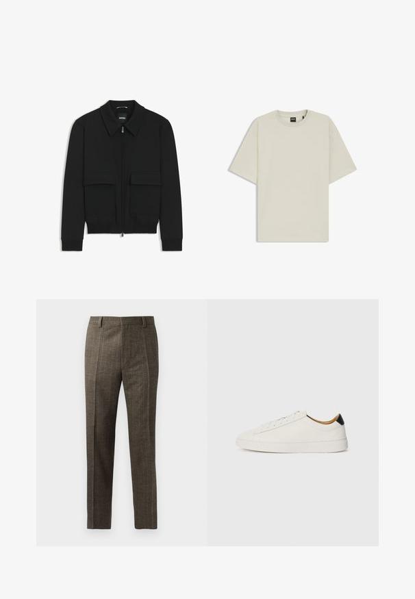 Black bomber jacket with a collared neck, zip front, and two large flap pockets. Features ribbed cuffs and hem, made of textured fabric.; Light beige t-shirt made of soft cotton, featuring a relaxed fit, crew neck, and short sleeves. No visible patterns or accents.; Plaid brown trousers feature a straight cut, front pleats, and belt loops. Made from textured fabric with thin pinstripes.; White sneaker with a smooth leather upper, round toe, and flat sole. Black accent at the heel, featuring tonal laces and minimal branding.