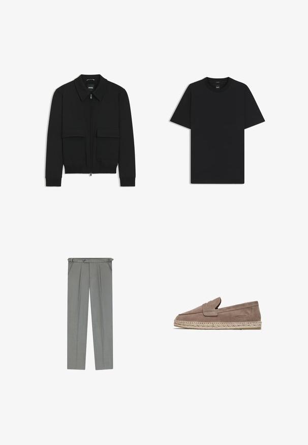 Schwarze Bikerjacke mit Kragen, Reißverschluss vorne und zwei großen Taschen mit Klappen. Mit Rippstrickbündchen und Saum, aus strukturiertem Stoff gefertigt.; Schwarz T-Shirt mit kurzen Ärmeln aus einem glatten Baumwollmix, mit Rundhalsausschnitt und einem minimalistischen Design ohne Muster oder Akzente.; Hellegrau maßgeschneiderte Hose mit strukturierter Oberfläche, ausgestattet mit Falten, Gürtelschlaufen und einem Knopfverschluss an der Taille.; FRED MARTIN COLLECTION MARBELLA - Espadrille - taupe suede