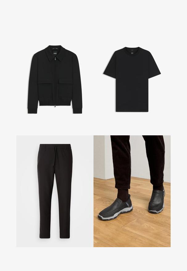 Sort bomberjakke med krave, lynlås foran og to store klaplommer. Har ribbede manchetter og bund, lavet af struktureret stof.; Sort kortærmet T-shirt lavet af en glat bomuldsblanding, med en rund halsudskæring og et minimalistisk design uden mønstre eller accenter.; Sorte joggebukser lavet af glat stof. Har en elastisk talje med snor, tætsiddende ben og ingen synlige lommer. Enkel design.; Sorte slip-on sko med strukturerede læderoverdele og en grå gummi sål, placeret på et trægulv og med fløjlsshorts.