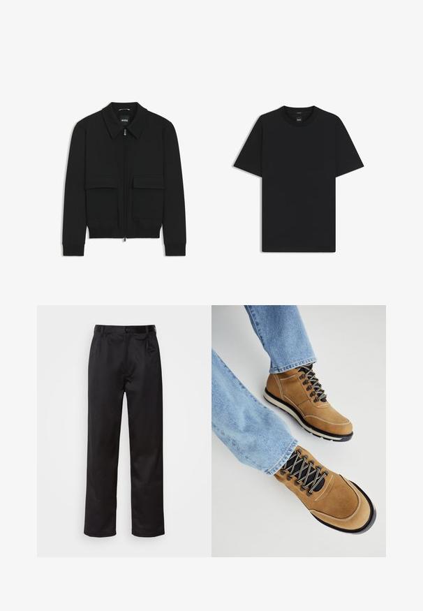 Black bomber jacket with a collared neck, zip front, and two large flap pockets. Features ribbed cuffs and hem, made of textured fabric.; Black short-sleeve T-shirt made from a smooth cotton blend, featuring a crew neckline and a minimalistic design with no patterns or accents.; Black trousers made of smooth fabric, featuring a front button closure, pleats, and straight legs. No visible patterns or accents.; Brown suede hiking boots with black laces, rubber soles, and white accents. Paired with light blue jeans. Close-up view of footwear.