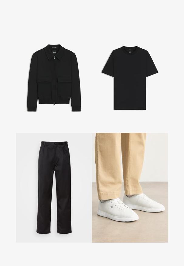 Giacca bomber nera con colletto, chiusura a zip frontale e due grandi tasche con patta. Presenta polsini e orlo a costine, realizzata in tessuto testurizzato.; Maglietta nera a maniche corte realizzata in un morbido misto cotone, con scollatura a girocollo e un design minimalista senza motivi o dettagli.; Pantaloni neri realizzati in tessuto morbido, con chiusura frontale a bottone, pieghe e gambe dritte. Nessun motivo o accento visibile.; Sneakers in pelle bianca con finitura liscia, dotati di punta rotonda, chiusura con lacci e dettaglio logo discreto sul lato, abbinati a pantaloni beige.