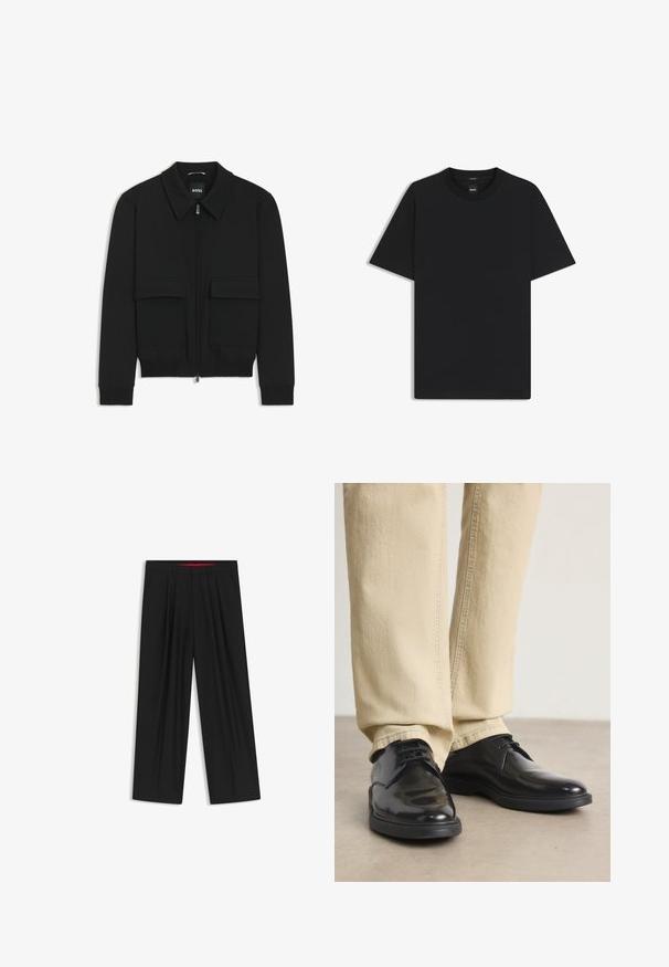 Musta pommikohva takki, jossa on kauluskulli, vetoketju etupuolella ja kaksi suurta läpällistä taskua. Varustettu ribbireunuksilla hihoissa ja helmassa, valmistettu teksturoituneesta kankaasta.; Musta lyhythiha T-paita, joka on valmistettu sileästä puuvillasekoitteesta. Paita on varustettu pyöreällä pääntiehen ja siinä on minimaalinen muotoilu ilman kuvioita tai yksityiskohtia.; Musta leveälahkeinen housu, jossa on litteä etuosa, kaksi sivupistettä, laskostettu muotoilu ja kontrastivärinen punainen vyötärön sisäosa.; Mustat nahkakengät kiiltävällä pinnalla, nauhakiinnitys ja kumipohja. Yhdistetty vaaleisiin suoriin housuihin.