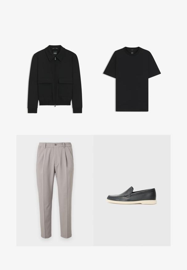 Schwarze Bikerjacke mit Kragen, Reißverschluss vorne und zwei großen Taschen mit Klappen. Mit Rippstrickbündchen und Saum, aus strukturiertem Stoff gefertigt.; Schwarz T-Shirt mit kurzen Ärmeln aus einem glatten Baumwollmix, mit Rundhalsausschnitt und einem minimalistischen Design ohne Muster oder Akzente.; Helle graue Hose mit maßgeschneidertem Design, elastischem Bund, Knopfverschluss und Vorderfalten. Glattes Gewebe mit einer strukturierten Passform.; Schwarze Leder-Slipper mit strukturiertem Finish und einer kontrastierenden beige Gummisohle. Mit einem dezenten Akzent an der Vorderseite.