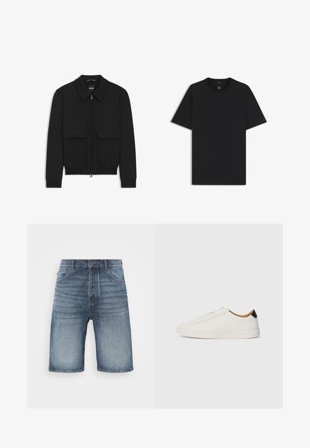 Musta pommikohva takki, jossa on kauluskulli, vetoketju etupuolella ja kaksi suurta läpällistä taskua. Varustettu ribbireunuksilla hihoissa ja helmassa, valmistettu teksturoituneesta kankaasta.; Musta lyhythiha T-paita, joka on valmistettu sileästä puuvillasekoitteesta. Paita on varustettu pyöreällä pääntiehen ja siinä on minimaalinen muotoilu ilman kuvioita tai yksityiskohtia.; Vaaleansiniset farkkushortsit, joissa on kulutettu pesu, napitettavat vyötärö ja kaksi etutaskua, sekä ommellut yksityiskohdat saumoissa.; Valkoinen tennari, jossa on sileä nahkapinta, pyöreä kärki ja tasapohja. Musta yksityiskohta kantapäässä, jossa on samaa sävyä olevat nauhat ja minimaalinen brändäys.