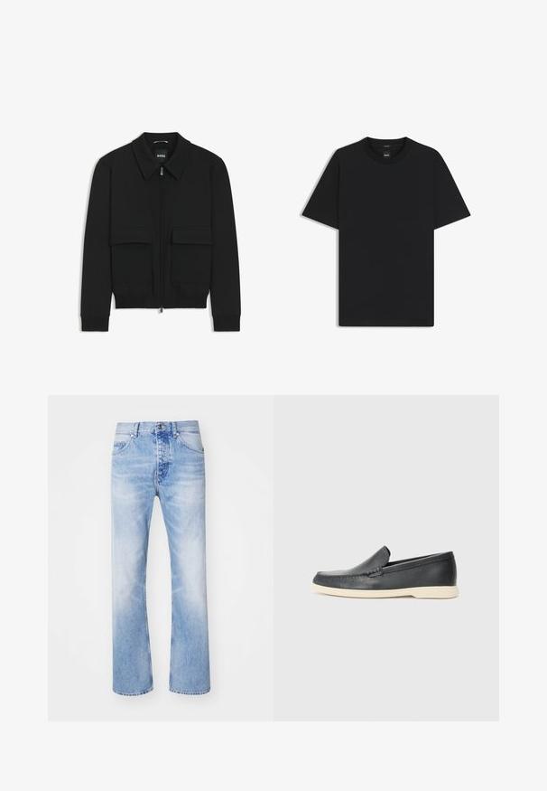 Sort bomberjakke med krave, lynlås foran og to store klaplommer. Har ribbede manchetter og bund, lavet af struktureret stof.; Sort kortærmet T-shirt lavet af en glat bomuldsblanding, med en rund halsudskæring og et minimalistisk design uden mønstre eller accenter.; Lyseblå denim jeans med et lige ben-design, der har en klassisk fem-lommer stil og et subtilt falmet mønster.; Sorte læder slip-on loafers med en struktureret overflade og en kontrasterende beige gummisål. Har en subtil detalje langs forsiden.
