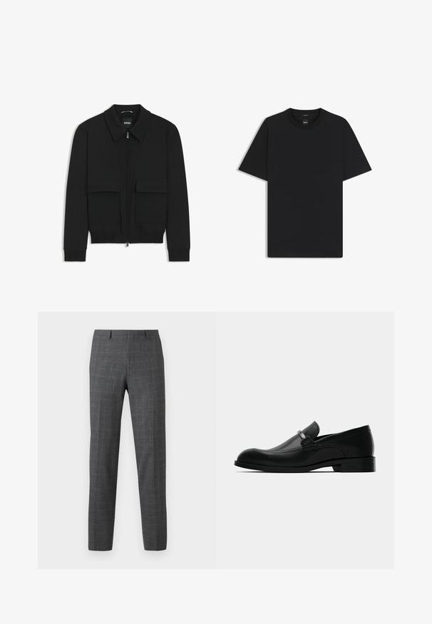 Zwarte bomberjack met een kraag, rits aan de voorkant en twee grote klepzakken. Heeft geribde manchetten en onderrand, gemaakt van textuurstof.; Zwarte korte mouwen T-shirt van een gladde katoenmix, met een ronde halslijn en een minimalistisch ontwerp zonder patronen of accenten.; Grijze geruite broeken met een getailleerde pasvorm, voorzien van een soepele textuur, rechte pijpen en subtiele stikdetails.; Zwarte leren herenschoen met een metalen design en een lage hak, weergegeven vanuit de zijkant op een witte achtergrond.