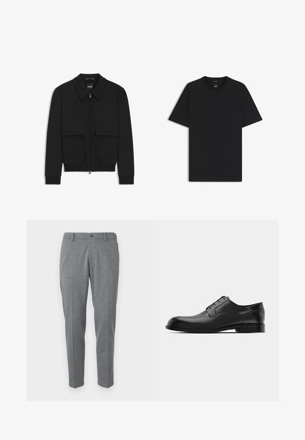Schwarze Bikerjacke mit Kragen, Reißverschluss vorne und zwei großen Taschen mit Klappen. Mit Rippstrickbündchen und Saum, aus strukturiertem Stoff gefertigt.; Schwarz T-Shirt mit kurzen Ärmeln aus einem glatten Baumwollmix, mit Rundhalsausschnitt und einem minimalistischen Design ohne Muster oder Akzente.; Graue Anzughose aus einem strukturierten Stoff, mit Knopfverschluss, Gürtelschlaufen und zwei Fronttaschen, Slim-Fit-Design.; Schwarze Leder-Dressschuhe mit einer runden Zehenpartie, glatter Oberfläche, minimalen Nähten und flacher Sohle mit dezentem Branding an der Ferse.