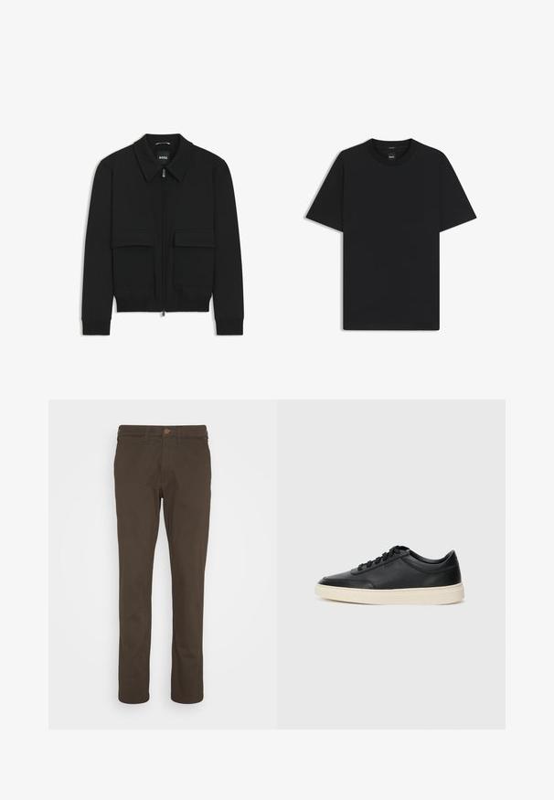 Black bomber jacket with a collared neck, zip front, and two large flap pockets. Features ribbed cuffs and hem, made of textured fabric.; Black short-sleeve T-shirt made from a smooth cotton blend, featuring a crew neckline and a minimalistic design with no patterns or accents.; Brown cotton chinos with a straight leg design, button front closure, and pockets. Smooth texture, minimal visible stitching.; Black low-top leather sneaker with black laces and off-white sole shown in side profile on white background.
