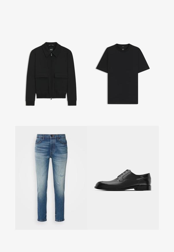 Musta pommikohva takki, jossa on kauluskulli, vetoketju etupuolella ja kaksi suurta läpällistä taskua. Varustettu ribbireunuksilla hihoissa ja helmassa, valmistettu teksturoituneesta kankaasta.; Musta lyhythiha T-paita, joka on valmistettu sileästä puuvillasekoitteesta. Paita on varustettu pyöreällä pääntiehen ja siinä on minimaalinen muotoilu ilman kuvioita tai yksityiskohtia.; HUGO Slim fit -farkut - medium blue; Musta nahkakengät, joissa on pyöreä kärki, sileä pinta, vähäiset saumat ja litteä pohja, jossa on huomaamaton brändäys kantapäässä.