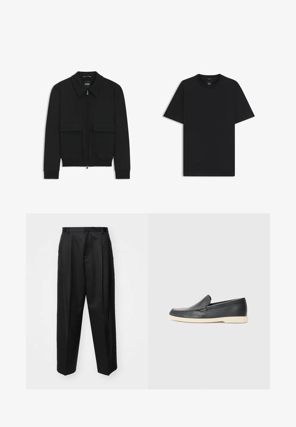 Black bomber jacket with a collared neck, zip front, and two large flap pockets. Features ribbed cuffs and hem, made of textured fabric.; Black short-sleeve T-shirt made from a smooth cotton blend, featuring a crew neckline and a minimalistic design with no patterns or accents.; Black tailored trousers with a high waist, wide legs, and sharp creases. Made of smooth fabric with belt loops and no visible hardware.; Black leather slip-on loafers with a textured finish and a contrasting beige rubber sole. Features a subtle accent along the front.