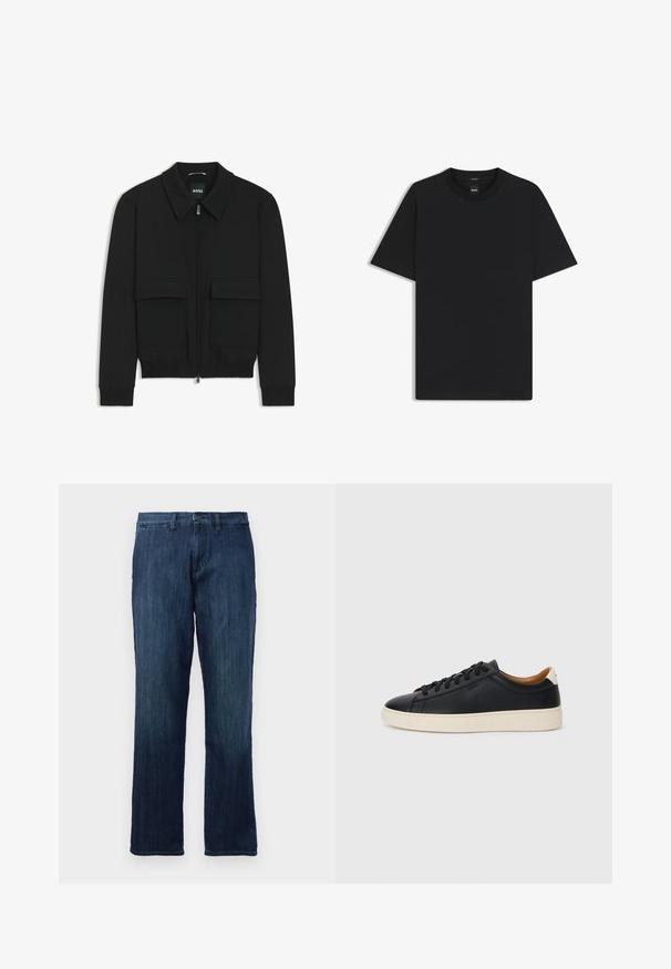 Zwarte bomberjack met een kraag, rits aan de voorkant en twee grote klepzakken. Heeft geribde manchetten en onderrand, gemaakt van textuurstof.; Zwarte korte mouwen T-shirt van een gladde katoenmix, met een ronde halslijn en een minimalistisch ontwerp zonder patronen of accenten.; Donkerblauwe denim jeans met een straight-leg ontwerp, voorzien van een sluiting met een vooraanliggende knoop en een standaard vijf-pocket stijl. Soepele textuur en gemiddeld gewicht.; Zwarte leren sneakers met een gladde textuur, beige rubberen zool, vetersluiting en een contrasterende hielaccent.