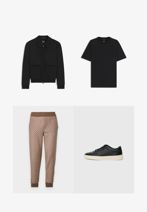 Schwarze Bikerjacke mit Kragen, Reißverschluss vorne und zwei großen Taschen mit Klappen. Mit Rippstrickbündchen und Saum, aus strukturiertem Stoff gefertigt.; Schwarz T-Shirt mit kurzen Ärmeln aus einem glatten Baumwollmix, mit Rundhalsausschnitt und einem minimalistischen Design ohne Muster oder Akzente.; Braune gemusterte Jogginghosen mit einem dehnbaren Bund, die ein sich wiederholendes Logo-Motiv, seitliche Streifen und gerippte Bündchen für eine gute Passform aufweisen.; Schwarzer niedriger Ledersneaker mit schwarzen Schnürsenkeln und cremefarbenem Sohlenrand, seitlich auf weißem Hintergrund dargestellt.