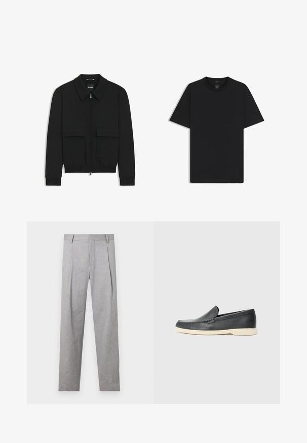 Giacca bomber nera con colletto, chiusura a zip frontale e due grandi tasche con patta. Presenta polsini e orlo a costine, realizzata in tessuto testurizzato.; Maglietta nera a maniche corte realizzata in un morbido misto cotone, con scollatura a girocollo e un design minimalista senza motivi o dettagli.; Pantaloni grigi su misura con un tessuto testurizzato, caratterizzati da pince, una silhouette dritta e un design classico della vita.; Mocassini neri in pelle con finitura testurizzata e suola in gomma beige a contrasto. Presentano un accento sottile lungo la parte anteriore.