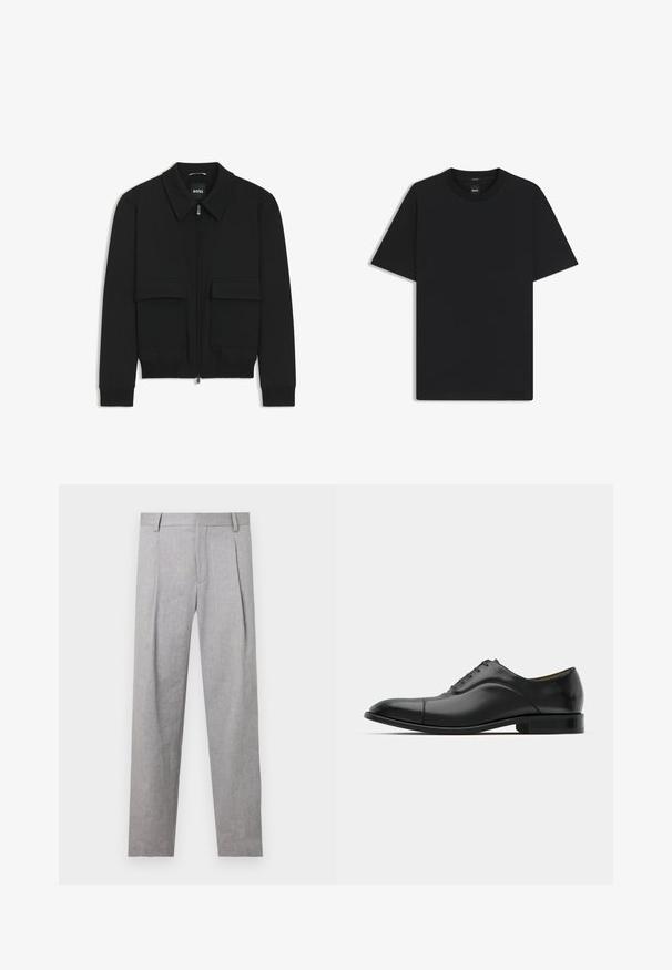 Musta pommikohva takki, jossa on kauluskulli, vetoketju etupuolella ja kaksi suurta läpällistä taskua. Varustettu ribbireunuksilla hihoissa ja helmassa, valmistettu teksturoituneesta kankaasta.; Musta lyhythiha T-paita, joka on valmistettu sileästä puuvillasekoitteesta. Paita on varustettu pyöreällä pääntiehen ja siinä on minimaalinen muotoilu ilman kuvioita tai yksityiskohtia.; Harmaat mittatilaushousut, joissa on teksturoitu kangas, mukana laskokset, suora lahje ja klassinen vyötärösuunnittelu.; Musta nahkakengät, jossa on sileä pinta, pyöreä kärki ja viisi reikää nauhoja varten. Ominaisuuksiin kuuluu matala pinottu korko ja hillitty saumarakenne.